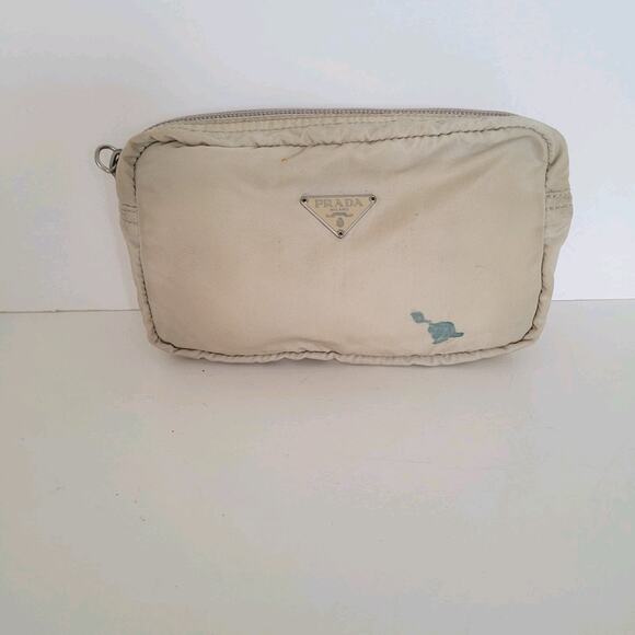 Authentic Prada Nylon Cosmetics Bag Beige Makeup Pouch Travel Small Zip Around - Picture 1 of 10
